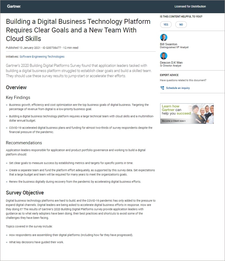 Gartner® Report: Building a Digital Business Technology Platform Requires Clear Goals and a New Team With Cloud Skills