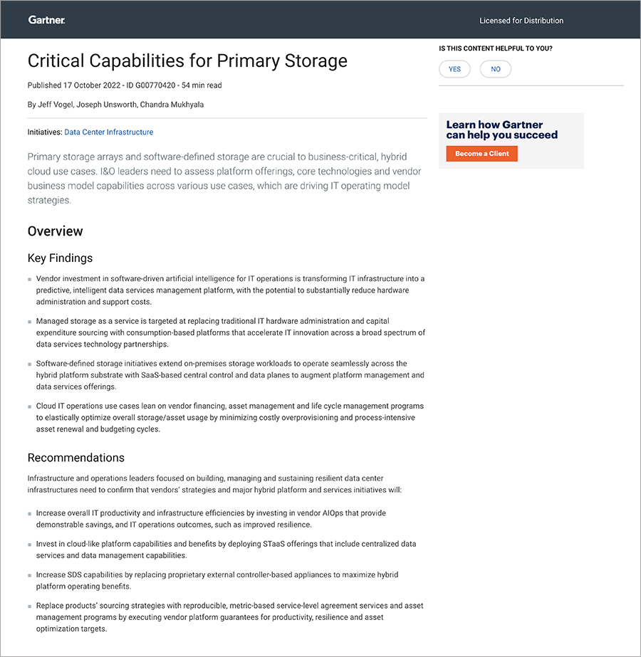 Gartner® Critical Capabilities for Primary Storage
